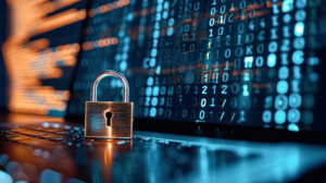 Open laptop and padlock on it on algorithm background