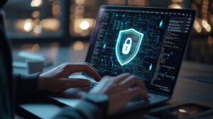 Close-up of hands typing on a laptop with a cybersecurity lock icon hologram emanating from the screen in a dimly lit room.