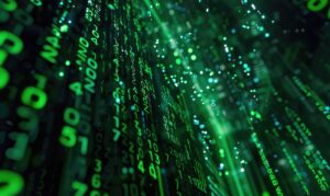 Digital binary code streaming on dark background, data transfer