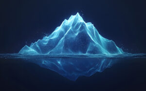Abstract glowing digital iceberg in dark water with reflection and particles