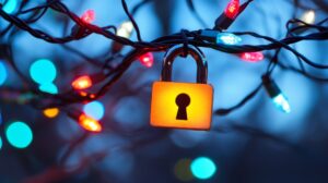 Festive Lights and Padlock Cyber Security Concept